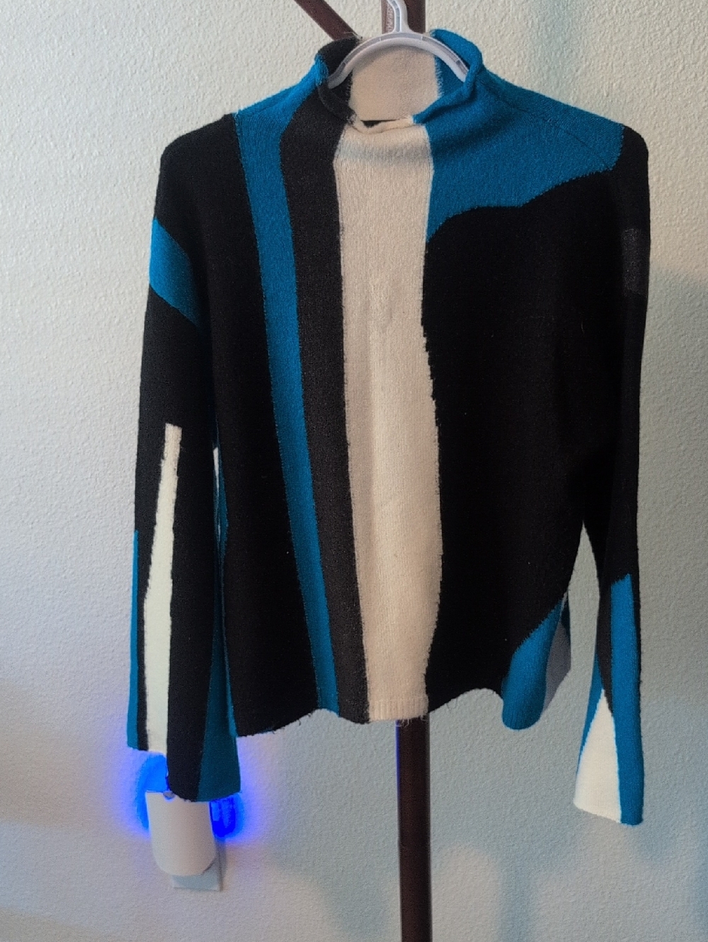 DKNY Black, Teal & Cream Colorblock Cowl Neck Sweater